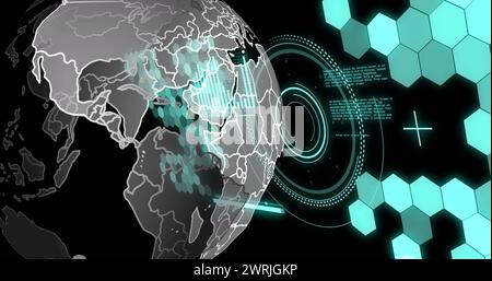 Bild der Datenverarbeitung und des Globus-over-Scopes-Scans Stockfoto