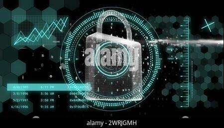 Bild der Datenverarbeitung und des Vorhängeschlosses über dem Scans von Oszilloskopen Stockfoto