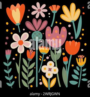 Helle mehrfarbige Blumen im Stil naiver Kunst auf schwarzem Hintergrund. Kann für Mode, T-Shirts, Cover, Poster und andere verwendet werden Stock Vektor