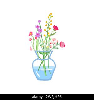 Frühlingsblumen in Vase. Sanftes Feld Blumenpflanzen. Frische Blüten. Einfache zerbrechliche Wildblüten. Schnittweide Wildblumenstrauß, Stämme isoliert auf weißem Hintergrund. Illustration des flachen Vektors Stock Vektor