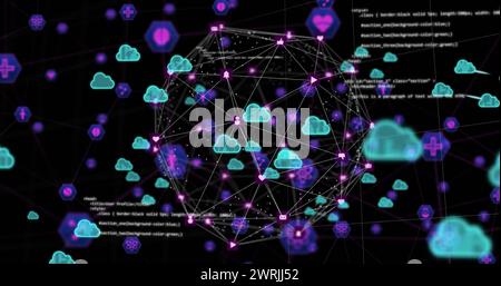Bild von Cloud-Symbolen und Datenverarbeitung über den Globus Stockfoto