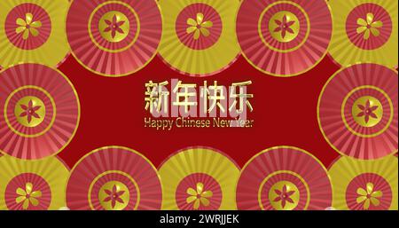Bild des Textes des glücklichen chinesischen Neujahrs über chinesischem Muster auf rotem Hintergrund Stockfoto