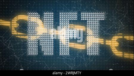 NFT-Textbanner über dem Netzwerk von Verbindungen und dem Symbol der Sicherheitskette vor blauem Hintergrund Stockfoto