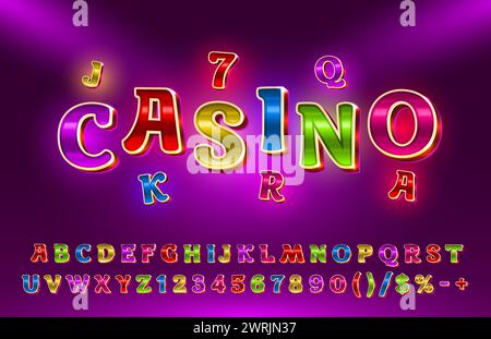 Goldene Schriftfarbe des Kasinos. Englisches Alphabet und Nummernzeichen. Vektor Stock Vektor