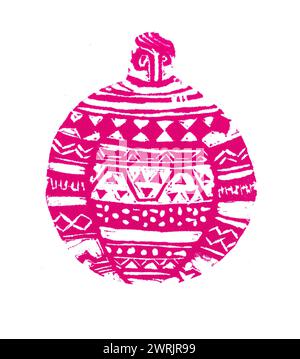 Die Illustration der Kugel ist mit rosa Ornamenten gefüllt. Isoliert auf weißem Hintergrund. Dekorative Zeichnung eines Mannes in einem Pullover oder Weihnachtsbaumschmuck. Stockfoto
