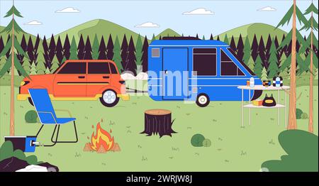 Campingwagen im Wald Cartoon flache Illustration Stock Vektor