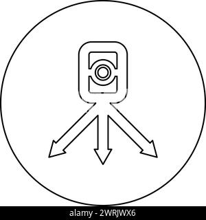 Theodolith-Vermessungsgerät für Messungen an Stativ-geodätischen Geräten Tacheometer Forschungsstand-Instrument-Geodäsie-Werkzeug-Symbol im Kreis rund schwarz Stock Vektor