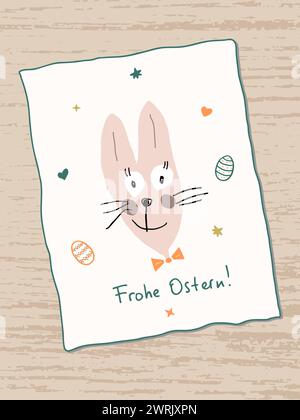 Niedlicher lustiger Osterhase mit der Aufschrift Frohe Ostern, was auf deutsch „frohe Ostern“ bedeutet. Bemalt Ostereier und Sterne um sie herum. Grußkarte. Stock Vektor