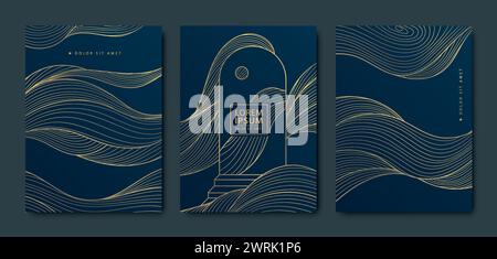 Vektorsatz von Boho abstrakten Bogenlinien Poster, Welle und Bogen mit Treppe und Mond oder Sonne Design. Psychedelische geometrische Illustration, surreales Gold auf Stock Vektor