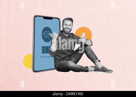 Kreative Collage junger sitzender lächelnder Mann, der Touchscreen-Smartphone-Fingerprint-Zugriff auf gesperrten Bildschirm Zeichnungshintergrund zeigt Stockfoto