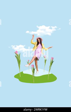 Artwork Bild Trendskizze Composite 3D Collage Foto von jungen Mode Dame tanzen auf grüner Insel zwischen riesigen Tulpenblüten der Frühlingssaison Stockfoto