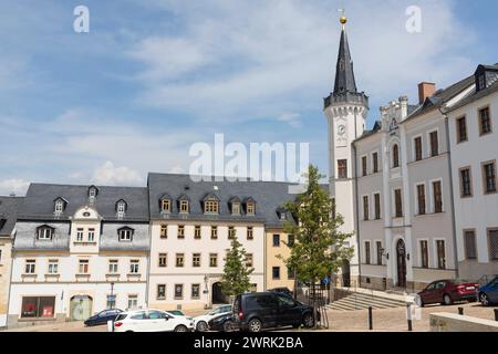 Rathaus am Marktplatz, Kirchberg, Sachsen, Deutschland *** Rathaus am Marktplatz, Kirchberg, Sachsen, Deutschland Stockfoto