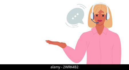 Kundendienst. Frau mit Kopfhörern und Mikrofon zeigt in den Raum. Konzeptdarstellung für Support, Unterstützung, Callcenter. Vektor Stock Vektor