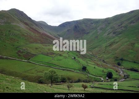 Die Wainwright's Gray Crag, Stony Cove Pike und Thornthwaite Crag über dem Weidegrund nahe Hartsop im Lake District National Park, Cumbria, Großbritannien. Stockfoto