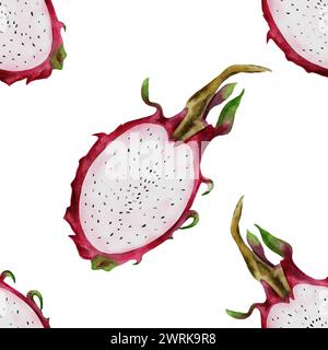 Nahtloses Muster mit Drachenfrucht-Aquarellen. Hälften exotischen Pitahaya auf weißem Hintergrund. Für Verpackungspapier eines Frischgemüse-Lagers und für Stockfoto