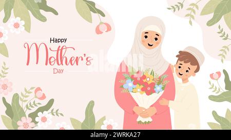 Poster zum Muttertag. Glückliche muslimische Mutter mit Sohn und Blumenstrauß. Islamische Familie. Horizontales festliches Blumenbanner. Vektorabbildung im flachen Auto Stock Vektor