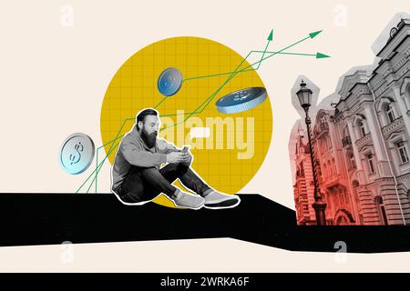 Collage-Bild eines jungen Geschäftsmannes, der mit Smartphone-Händlern sitzt, verbringt Zeit in der Stadt und verdient online Geld auf gelbem Hintergrund Stockfoto