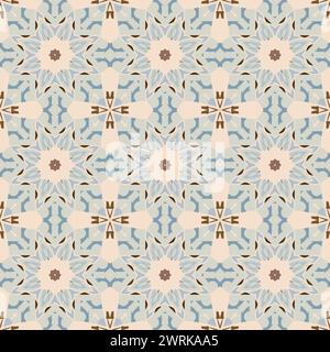 Helle Farben gemusterte Oberfläche mit geometrischen Formen. Es könnte sich um ein Design auf Stoff oder Geschenkpapier handeln, das Symmetrie und ein traditionelles Motiv zeigt. Stockfoto