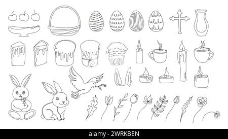 Osterset im durchgehenden einzeiligen Stil mit Designelementen wie Hase, Eier, Taube, Kerzen, Kreuz, Osterkuchen, Tassen, Blumen. Schwarzer Vektor auf weiß Stock Vektor