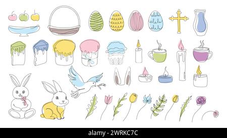 Osterset im durchgehenden einzeiligen Stil mit Designelementen wie Hase, Eier, Taube, Kerzen, Kreuz, Osterkuchen, Tassen, Blumen. Farbenfroher Vektor auf W Stock Vektor