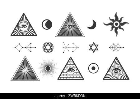 Illuminaten-okkulte Symbole gesetzt, Freimaurer-allsehende Augenpyramide, Vektorelemente isolieren auf weiß Stock Vektor