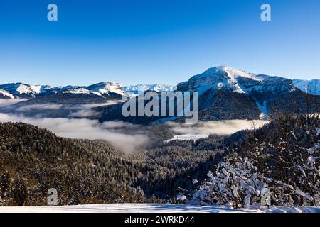 Sommet du Chamechaude, Point culminant du parc naturel régional de Chartreuse, recouvert de neige au dessus d’une mer de nuages et entouré par la Dent Stockfoto