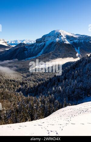 Sommet du Chamechaude, Point culminant du parc naturel régional de Chartreuse, recouvert de neige au dessus d’une mer de nuages depuis le Charmant Som Stockfoto