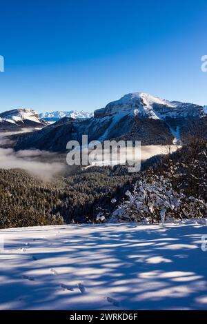 Sommet du Chamechaude, Point culminant du parc naturel régional de Chartreuse, recouvert de neige au dessus d’une mer de nuages et entouré par la Dent Stockfoto