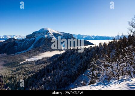 Sommet du Chamechaude, Point culminant du parc naturel régional de Chartreuse, recouvert de neige au dessus d’une mer de nuages depuis le Charmant Som Stockfoto