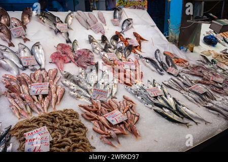 Fischstand auf dem Kapani-Markt in Thessaloniki, Griechenland Stockfoto