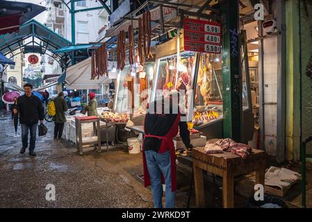 Metzgereien auf dem Kapani-Markt in Thessaloniki, Griechenland Stockfoto