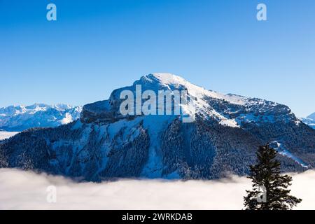 Sommet du Chamechaude, Point culminant du parc naturel régional de Chartreuse, recouvert de neige au dessus d’une mer de nuages depuis le Charmant Som Stockfoto