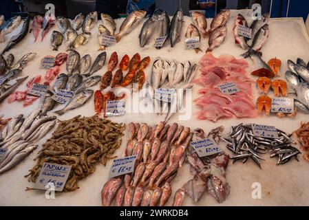 Fischstand auf dem Kapani-Markt in Thessaloniki, Griechenland Stockfoto