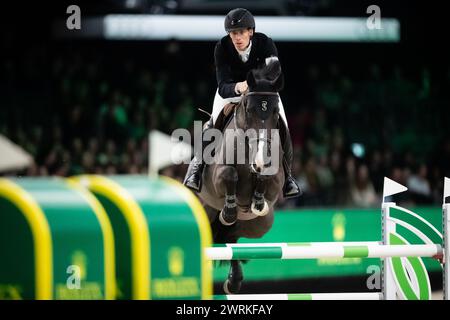 DenBosch, Niederlande - 8. März, Henrik von Eckermann aus Schweden der aktuelle Weltreiter mit seiner Hannah Zoe Qualität konkurriert Stockfoto