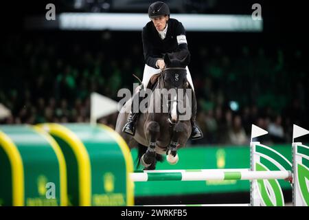 DenBosch, Niederlande - 8. März, Henrik von Eckermann aus Schweden der aktuelle Weltreiter mit seiner Hannah Zoe Qualität konkurriert Stockfoto