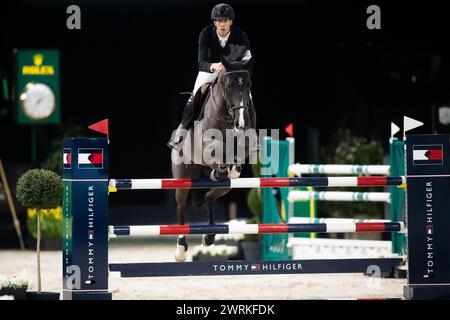 DenBosch, Niederlande - 8. März, Henrik von Eckermann aus Schweden der aktuelle Weltreiter mit seiner Hannah Zoe Qualität konkurriert Stockfoto