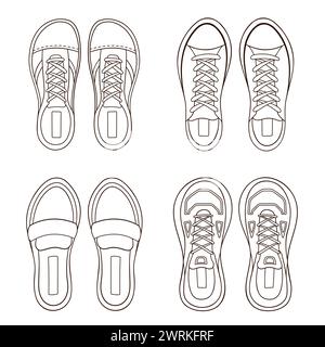 Turnschuhe für Damen im Line Art-Stil. Handgezeichnete Freizeitschuhe. Vektorillustration auf weißem Hintergrund isoliert. Stock Vektor