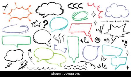 Satz handgezeichneter Bleistift-Sprechblasen, Hervorhebung, Satzzeichen, Unterstreichung, Pfeil, Textelemente hervorheben. Farbkachel, Explosionsballon, Bleistiftstrich, Swoop Line-Symbol. Stock Vektor