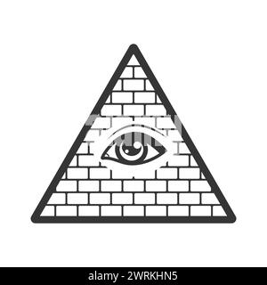 All-sehendes Auge auf die Pyramide der Freimaurer Symbole des Okkultismus, Illuminati Geheimgesellschaft, Vektorelemente isoliert auf weiß Stock Vektor