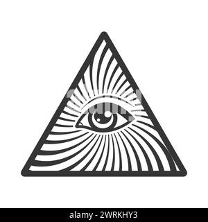 All-sehendes Auge auf die Pyramide der Freimaurer Symbole des Okkultismus, Illuminati Geheimgesellschaft, Vektorelemente isoliert auf weiß Stock Vektor