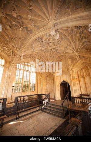 Divinty School, am Eingang zum Convocation House, in der Bodliean Library der University of Oxford in Großbritannien Stockfoto