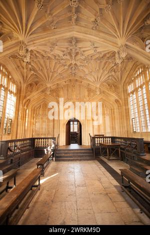 Divinty School, am Eingang zum Convocation House, in der Bodliean Library der University of Oxford in Großbritannien Stockfoto