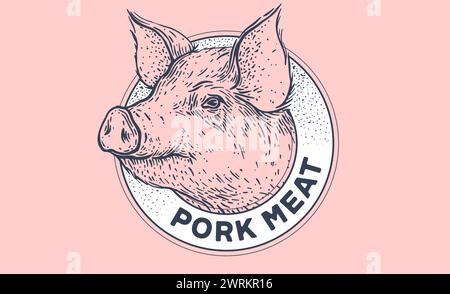 Schweinefleisch, Schweinekopf, Fleischetikett. Vorlage Für Etikett Mit Fleischkennzeichnung. Vintage-Retro-Druck, Tag, Etikett mit Pig Sketch Tusche Bleistiftzeichnung. Fleischerei Schweinekopf Fleischgeschäft, Text, Typografie. Vektorabbildung Stock Vektor