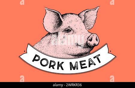 Schweinefleisch, Schweinekopf, Fleischetikett. Vorlage Für Etikett Mit Fleischkennzeichnung. Vintage-Retro-Druck, Tag, Etikett mit Pig Sketch Tusche Bleistiftzeichnung. Fleischerei Schweinekopf Fleischgeschäft, Text, Typografie. Vektorabbildung Stock Vektor