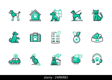 Pflege und Behandlung von Haustieren – Set mit Symbolen im Liniendesign Stock Vektor