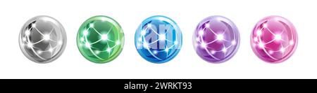 Set mit niedlichen, glänzenden Kugeln. Symbole für Telekommunikation oder Reise. Weihnachtsdekoration. Planet Earth Symbol, globales Geschäftskonzept. Blau, Grün, Pink, pur Stock Vektor