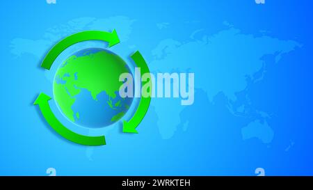Erdkugel mit grünen Pfeilen auf dem Hintergrund der Weltkarte Stockfoto
