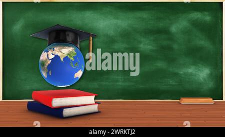 Global Business Education, Graduation Cap mit Earth Globe Stockfoto