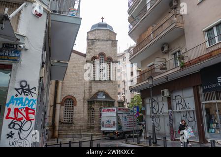 Turm der Heiligen Kirche Panagia Dexia in der Egnatia Straße in Thessaloniki Stadt, Griechenland Stockfoto