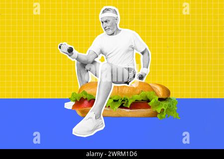 Composite Photo Collage von alten Mann Kurzhanteln Bizeps Übung sitzen riesige Sandwich Fett Kohlenhydrate gesunde Lebensweise isoliert auf gemalten Hintergrund Stockfoto